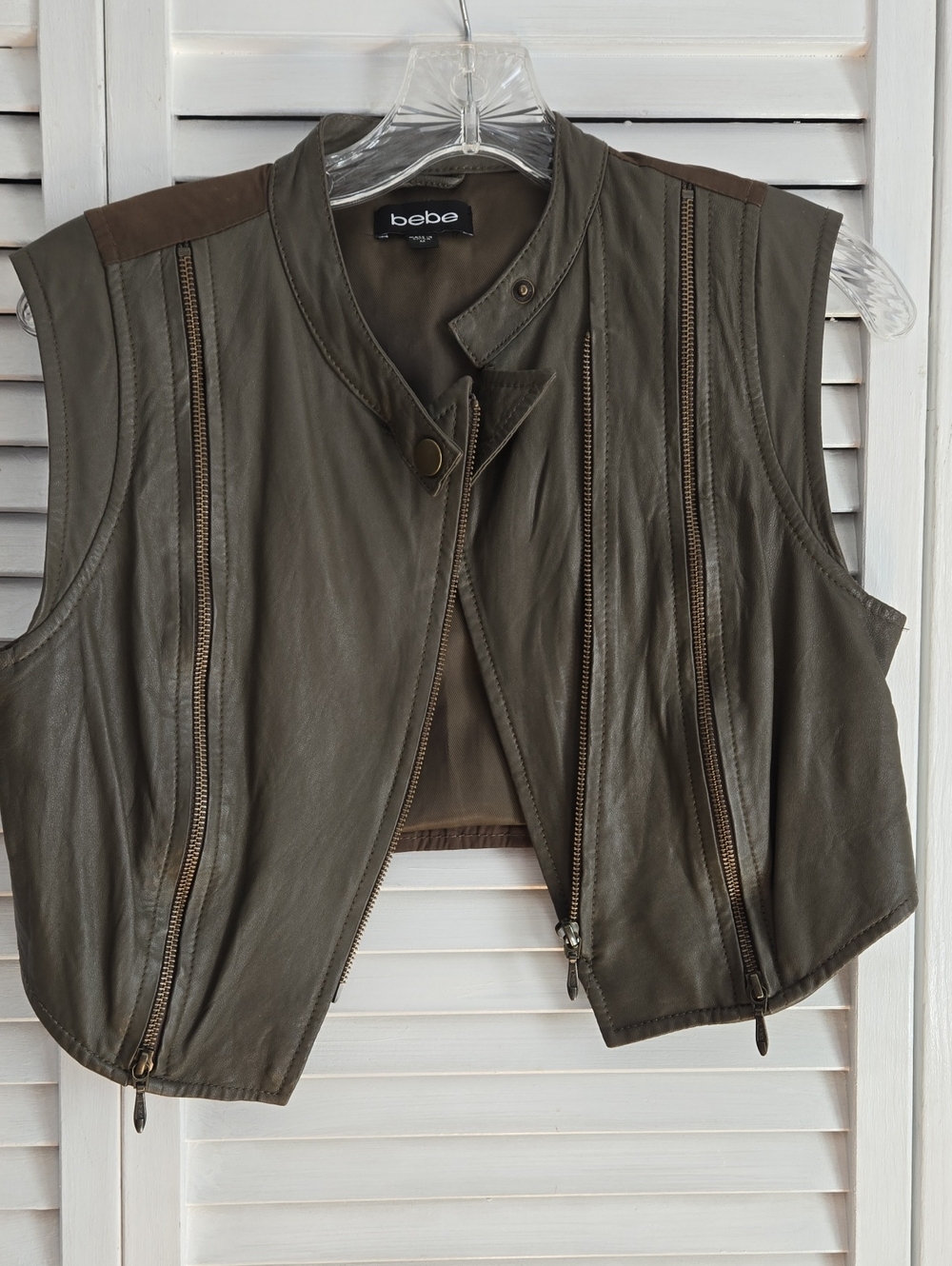 bebe Olive Green Leather Zip-Front Vest